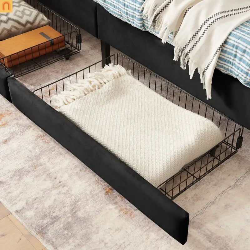 Bed Frame Daybed Platform Velvet Black Twin 2 Drawers 300 lb