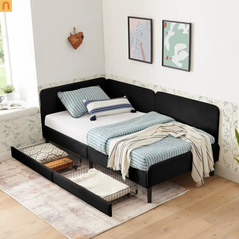 Bed Frame Daybed Platform Velvet Black Twin 2 Drawers 300 lb
