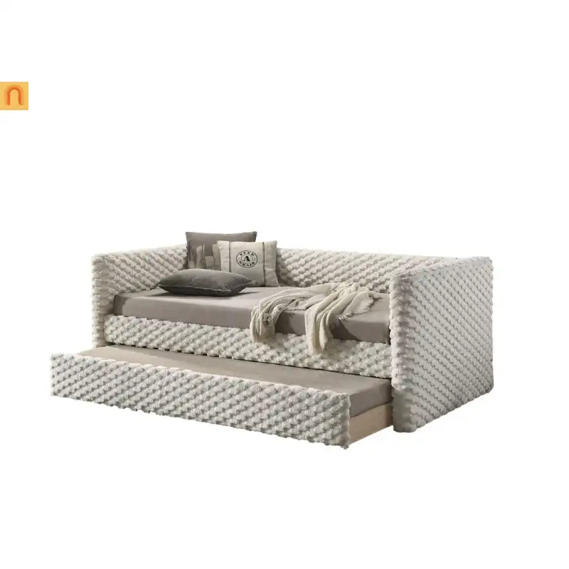 Daybed Twin with Trundle Roller Slat White Polyester Fabric