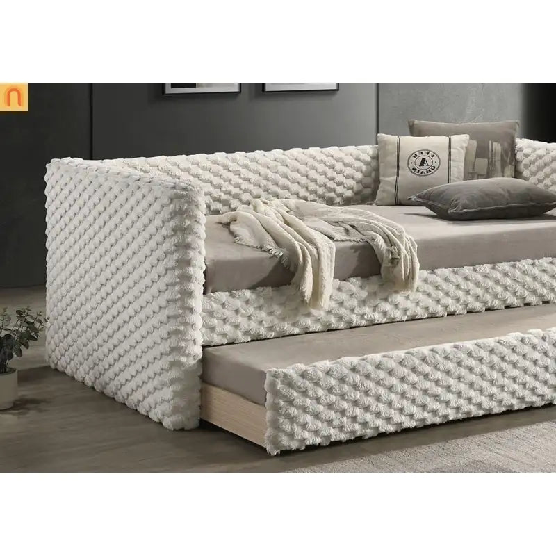 Daybed Twin with Trundle Roller Slat White Polyester Fabric