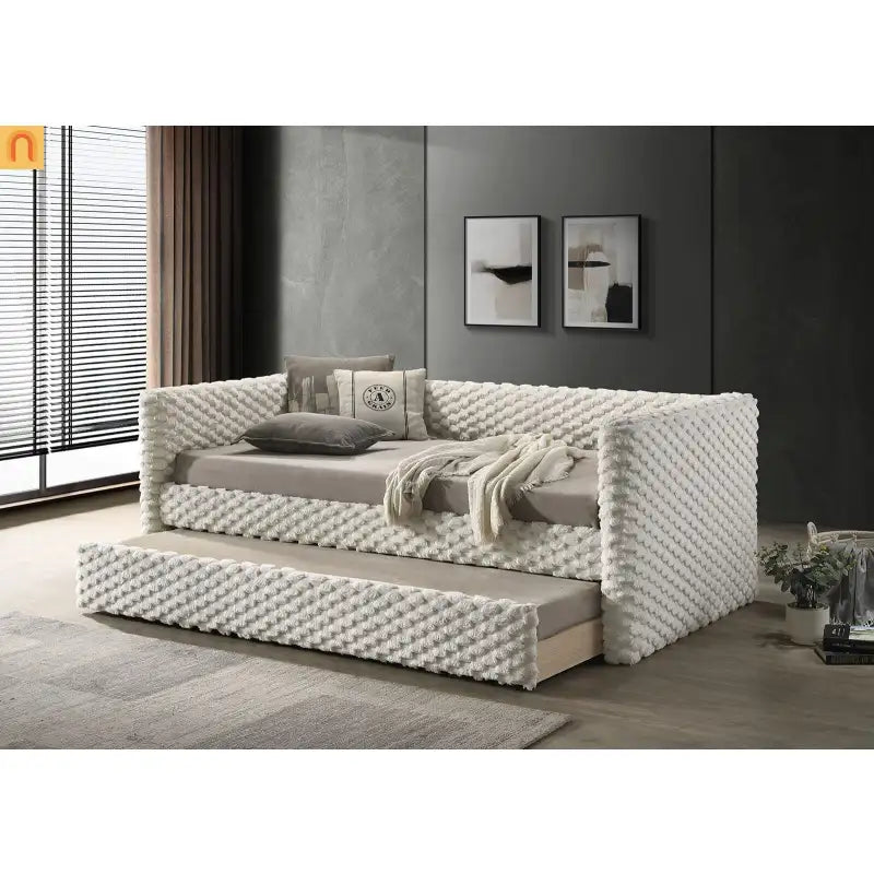 Daybed Twin with Trundle Roller Slat White Polyester Fabric