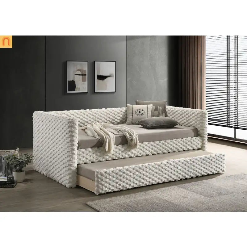 Daybed Twin with Trundle Roller Slat White Polyester Fabric