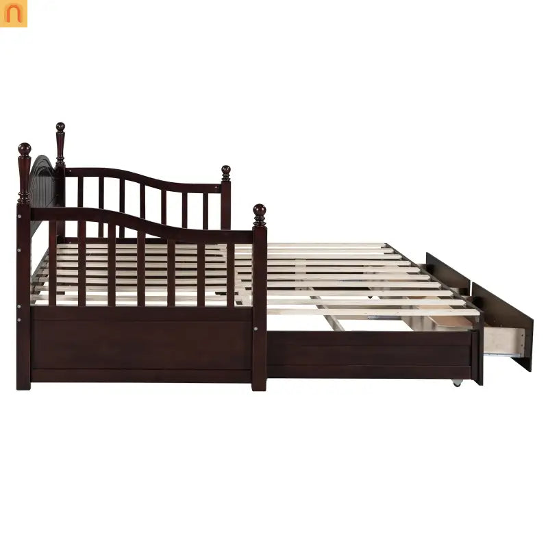 Bed Frame Daybed Wood Espresso Twin Roll-Out Trundle Drawers 250 lb