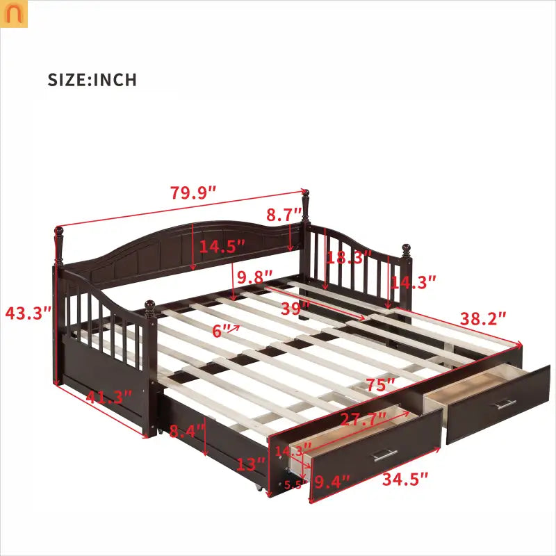 Bed Frame Daybed Wood Espresso Twin Roll-Out Trundle Drawers 250 lb