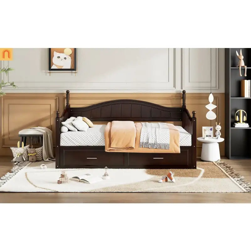 Bed Frame Daybed Wood Espresso Twin Roll-Out Trundle Drawers 250 lb