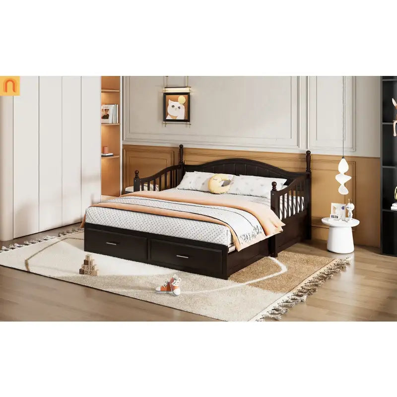 Bed Frame Daybed Wood Espresso Twin Roll-Out Trundle Drawers 250 lb