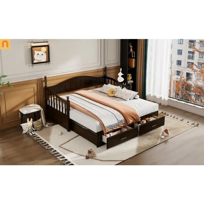 Bed Frame Daybed Wood Espresso Twin Roll-Out Trundle Drawers 250 lb