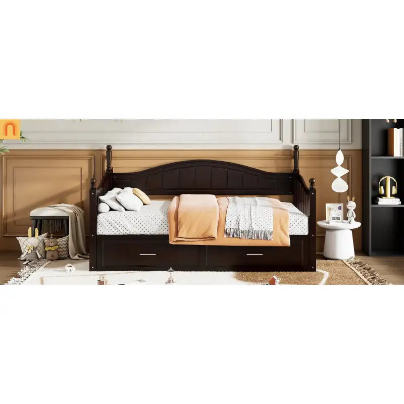 Bed Frame Daybed Wood Espresso Twin Roll-Out Trundle Drawers 250 lb