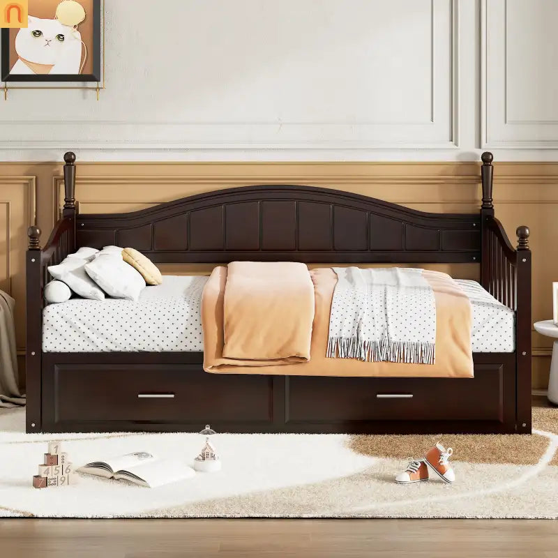 Bed Frame Daybed Wood Espresso Twin Roll-Out Trundle Drawers 250 lb