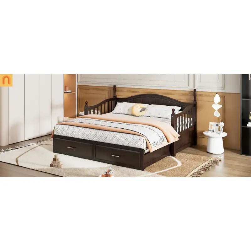 Bed Frame Daybed Wood Espresso Twin Roll-Out Trundle Drawers 250 lb