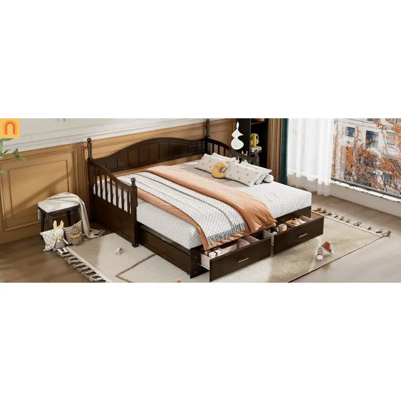 Bed Frame Daybed Wood Espresso Twin Roll-Out Trundle Drawers 250 lb