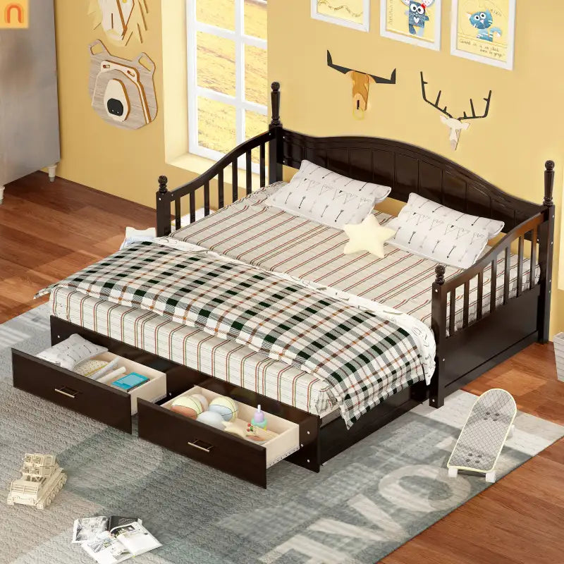 Bed Frame Daybed Wood Espresso Twin Roll-Out Trundle Drawers 250 lb