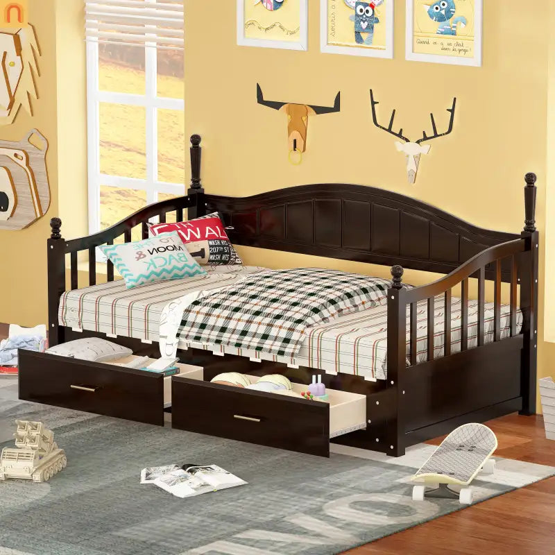 Bed Frame Daybed Wood Espresso Twin Roll-Out Trundle Drawers 250 lb