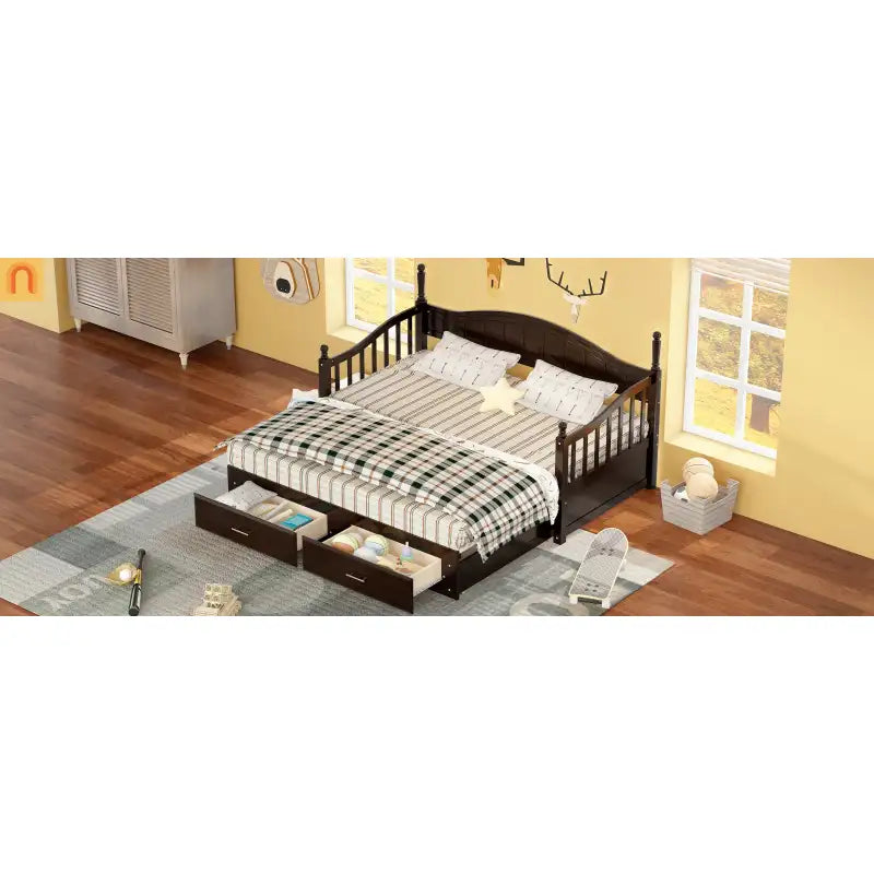 Bed Frame Daybed Wood Espresso Twin Roll-Out Trundle Drawers 250 lb