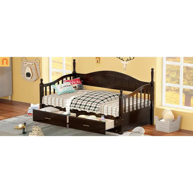 Bed Frame Daybed Wood Espresso Twin Roll-Out Trundle Drawers 250 lb