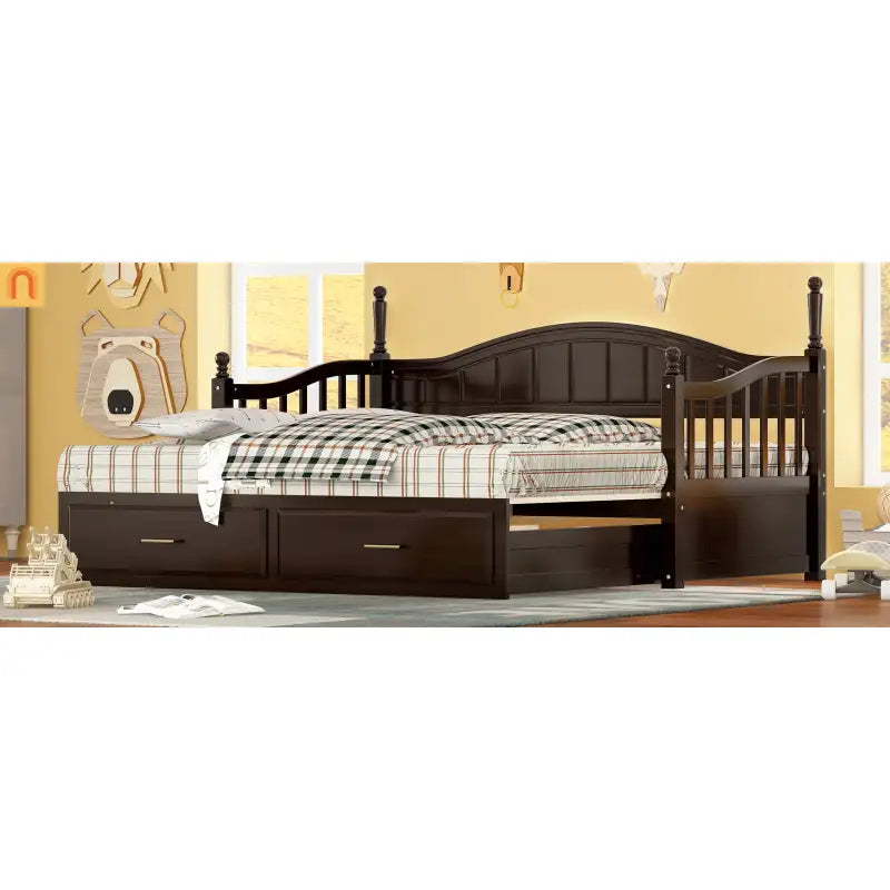Bed Frame Daybed Wood Espresso Twin Roll-Out Trundle Drawers 250 lb