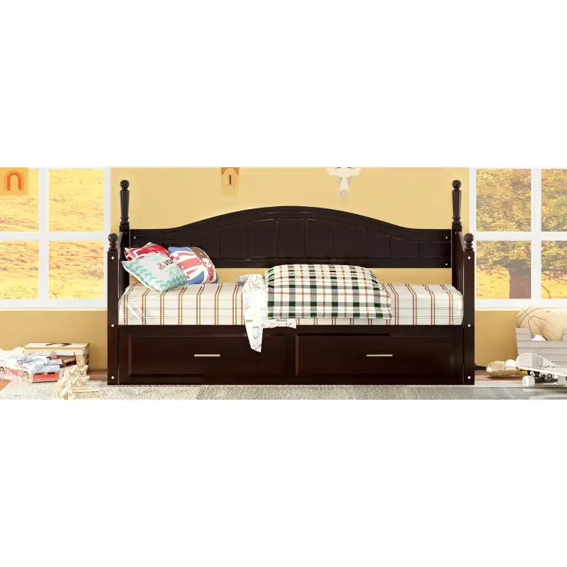 Bed Frame Daybed Wood Espresso Twin Roll-Out Trundle Drawers 250 lb