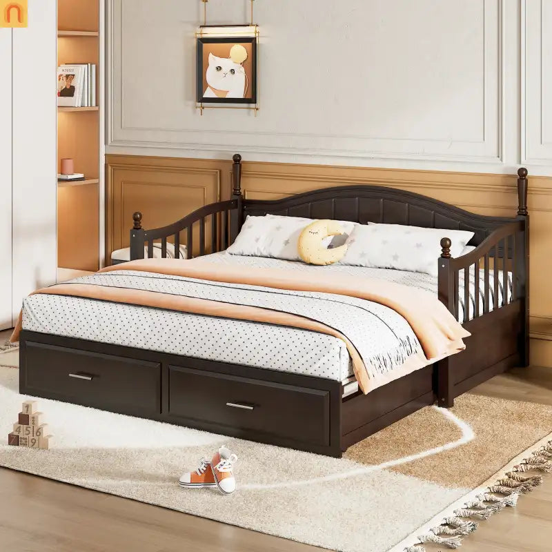Bed Frame Daybed Wood Espresso Twin Roll-Out Trundle Drawers 250 lb