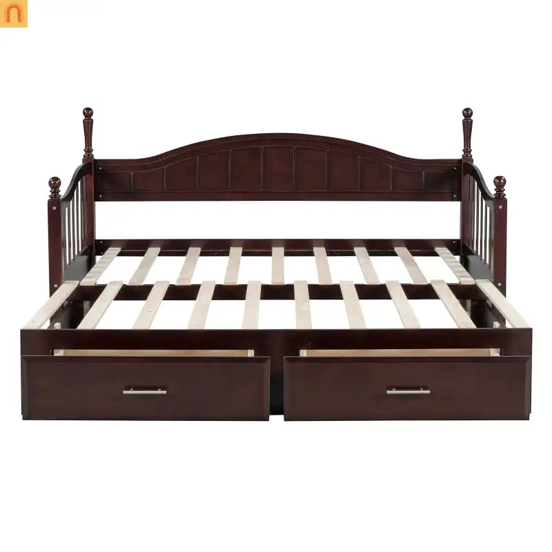Bed Frame Daybed Wood Espresso Twin Roll-Out Trundle Drawers 250 lb
