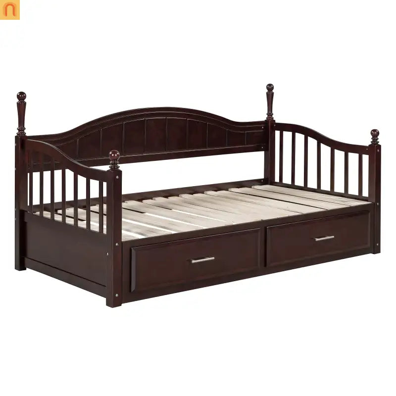 Bed Frame Daybed Wood Espresso Twin Roll-Out Trundle Drawers 250 lb