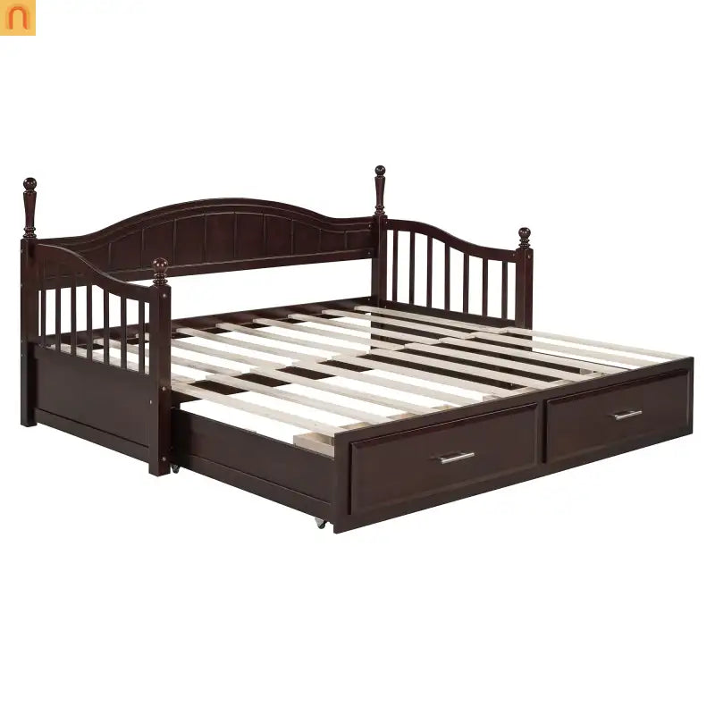 Bed Frame Daybed Wood Espresso Twin Roll-Out Trundle Drawers 250 lb