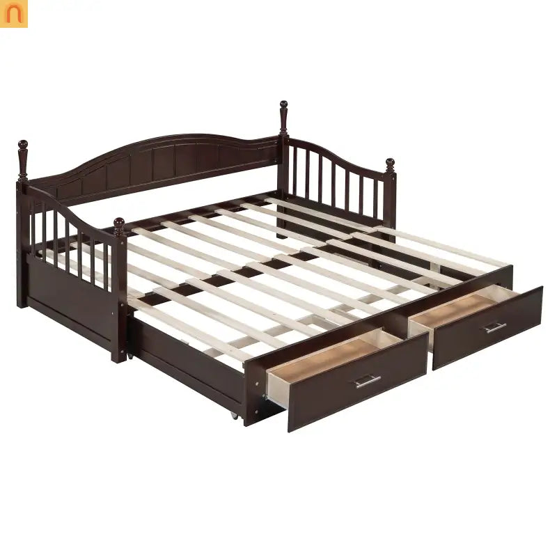 Bed Frame Daybed Wood Espresso Twin Roll-Out Trundle Drawers 250 lb