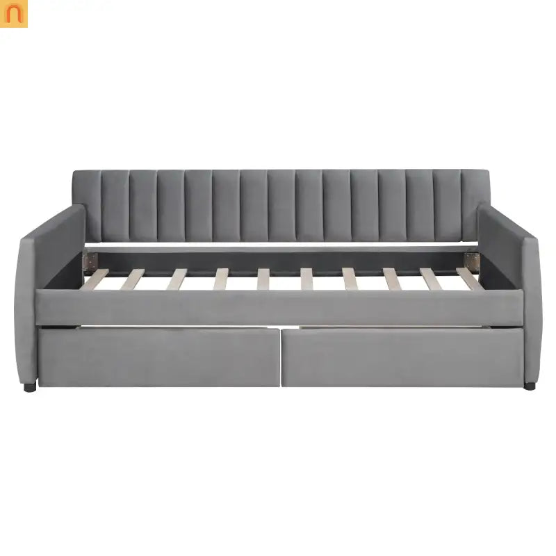 Bed Frame Daybed Velvet Gray Twin Storage Drawers Wood Slats 79in