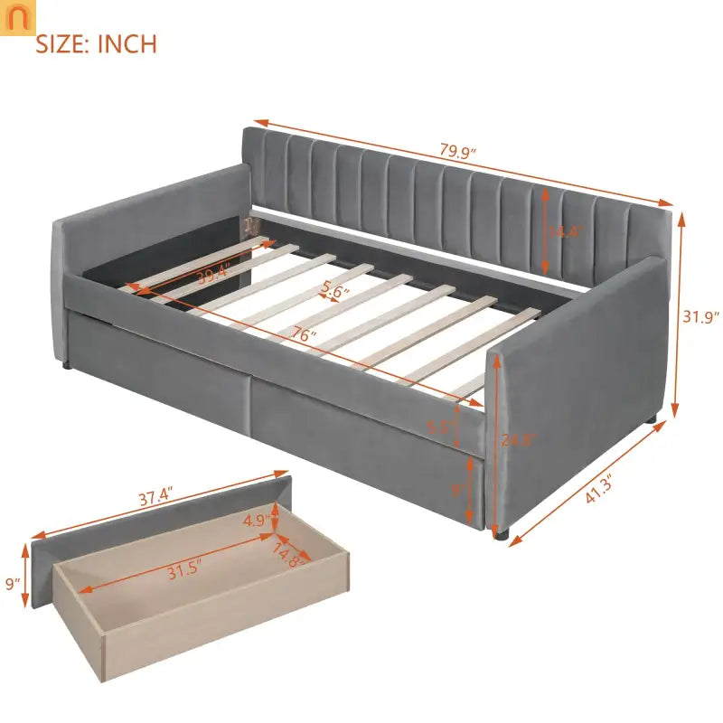 Bed Frame Daybed Velvet Gray Twin Storage Drawers Wood Slats 79in