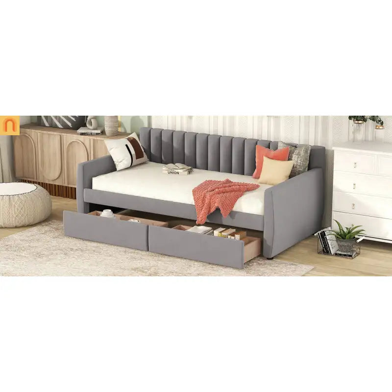 Bed Frame Daybed Velvet Gray Twin Storage Drawers Wood Slats 79in