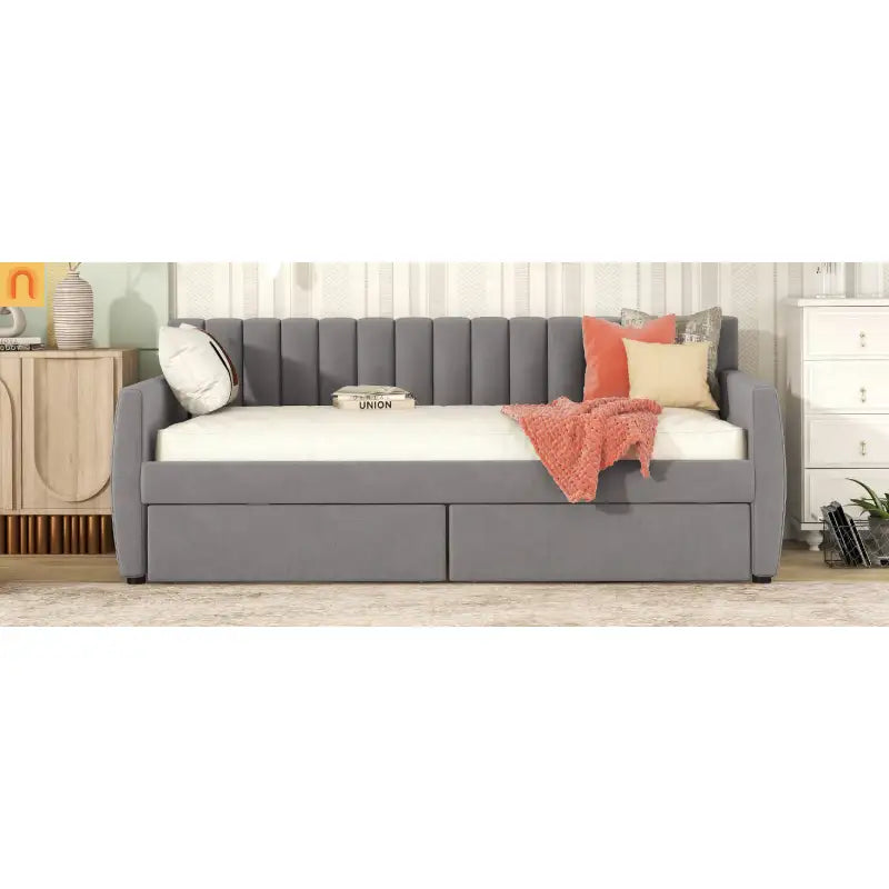 Bed Frame Daybed Velvet Gray Twin Storage Drawers Wood Slats 79in
