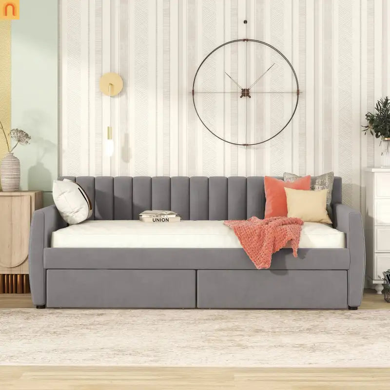 Bed Frame Daybed Velvet Gray Twin Storage Drawers Wood Slats 79in