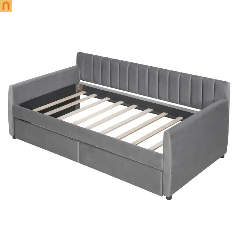 Bed Frame Daybed Velvet Gray Twin Storage Drawers Wood Slats 79in