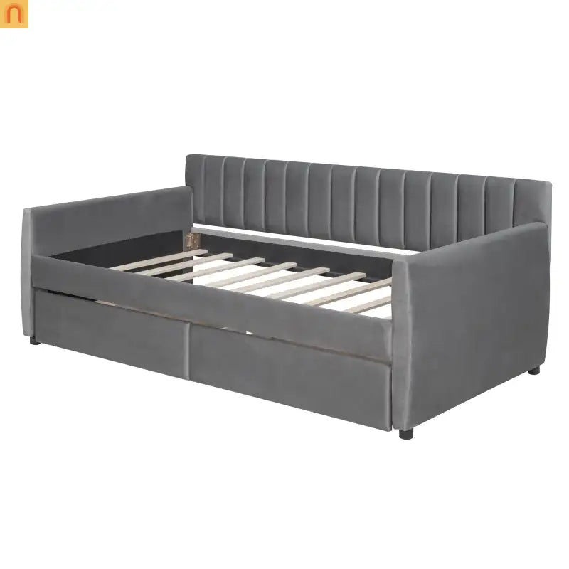 Bed Frame Daybed Velvet Gray Twin Storage Drawers Wood Slats 79in