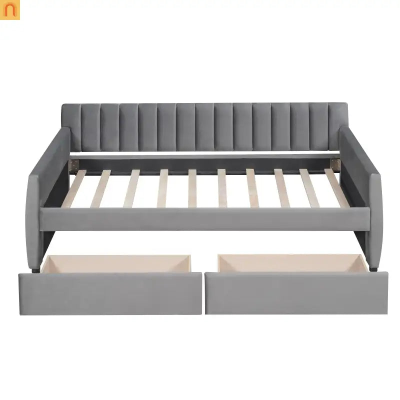 Bed Frame Daybed Velvet Gray Twin Storage Drawers Wood Slats 79in