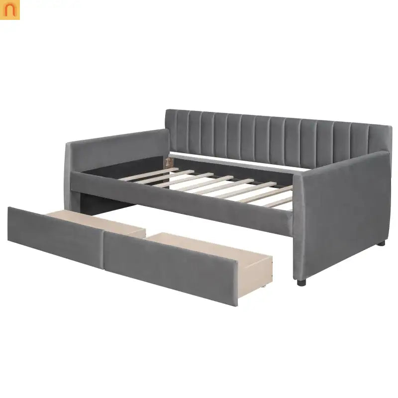 Bed Frame Daybed Velvet Gray Twin Storage Drawers Wood Slats 79in