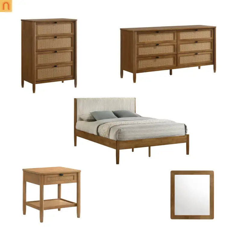 Bedroom Set Queen Walnut Corduroy Headboard Dresser Nightstand 5pc