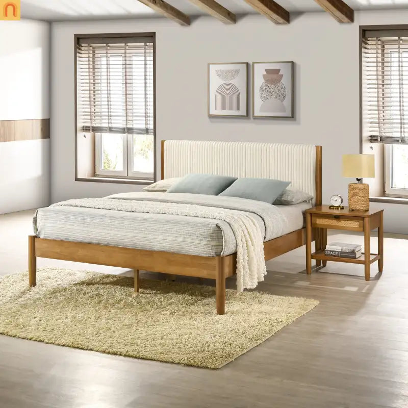 Bedroom Set Queen Walnut Corduroy Headboard Dresser Nightstand 5pc