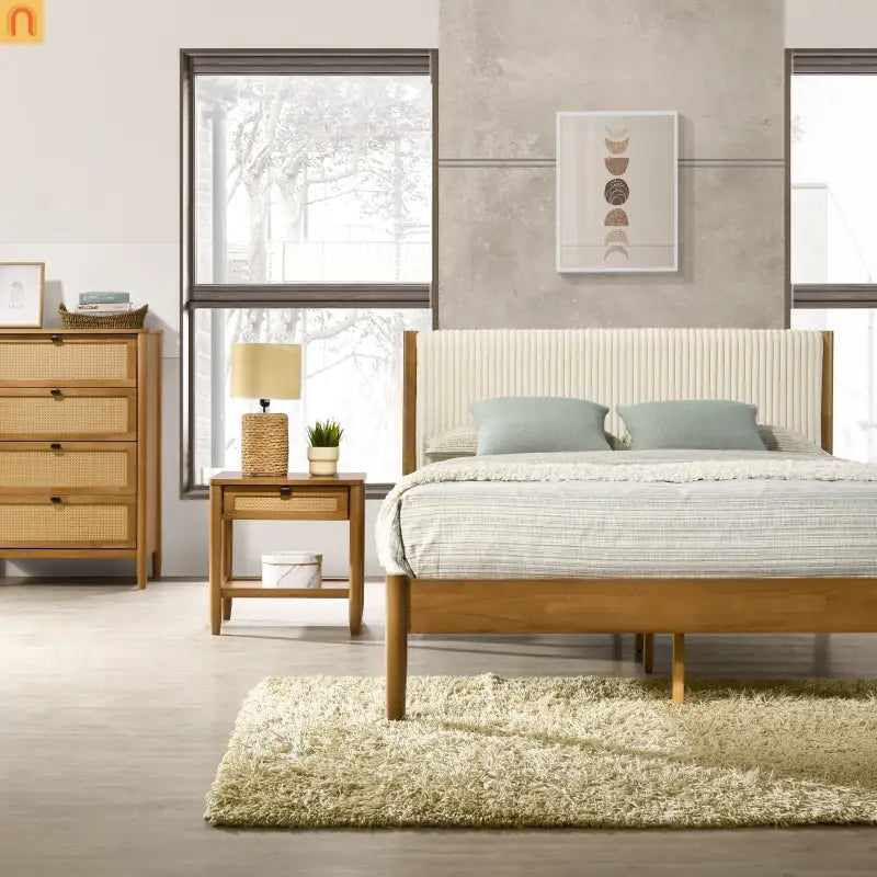 Bedroom Set Queen Walnut Corduroy Headboard Dresser Nightstand 5pc