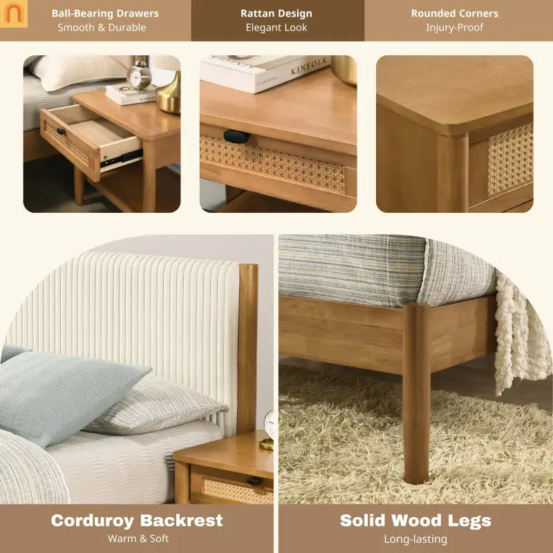 Bedroom Set Queen Walnut Corduroy Headboard Dresser Nightstand 5pc