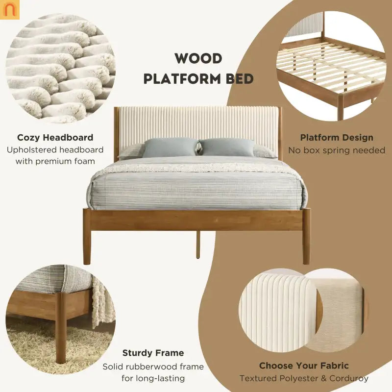 Bedroom Set Queen Walnut Corduroy Headboard Dresser Nightstand 5pc