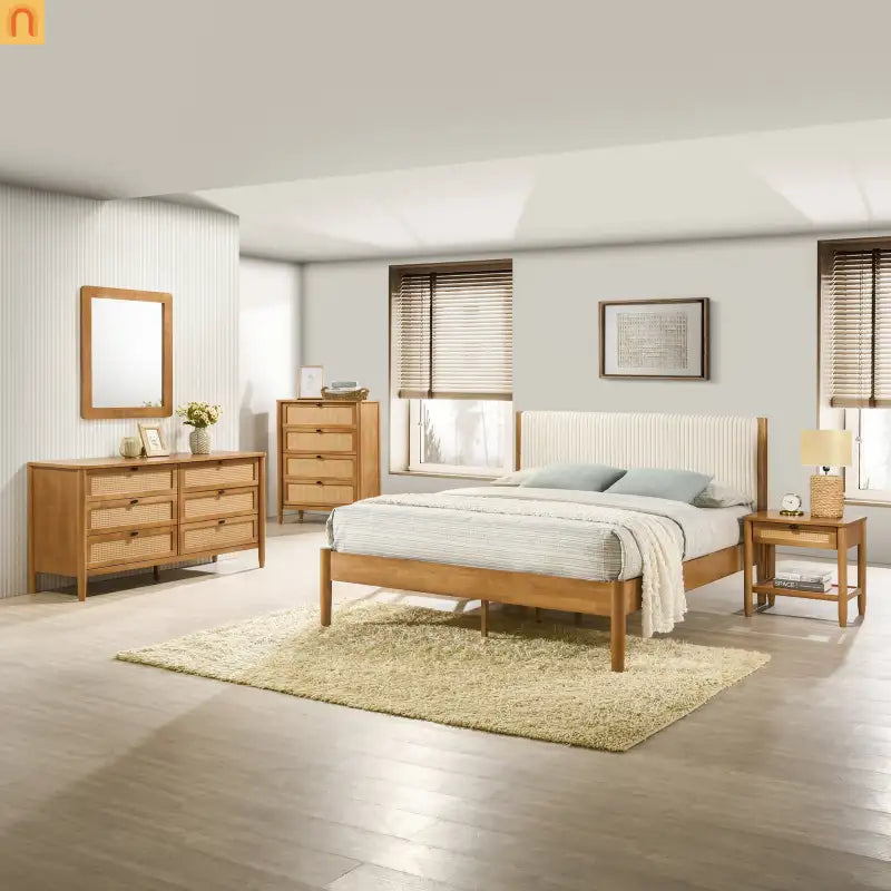 Bedroom Set Queen Walnut Corduroy Headboard Dresser Nightstand 5pc