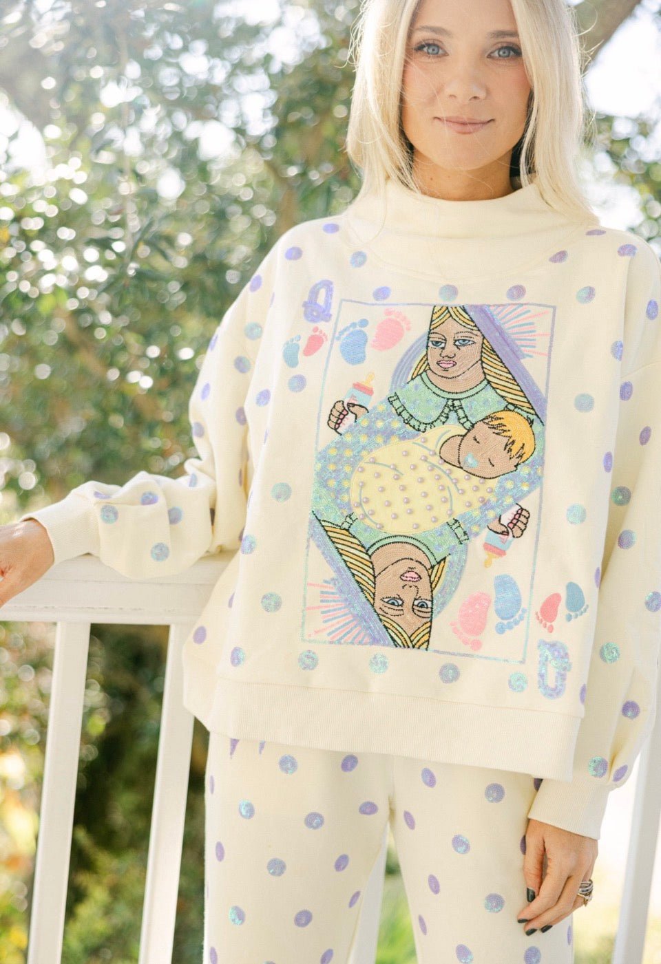 Queen of Sparkles Beige & Lavender Polka DotQOS Mama Card Logo Sweatshirt