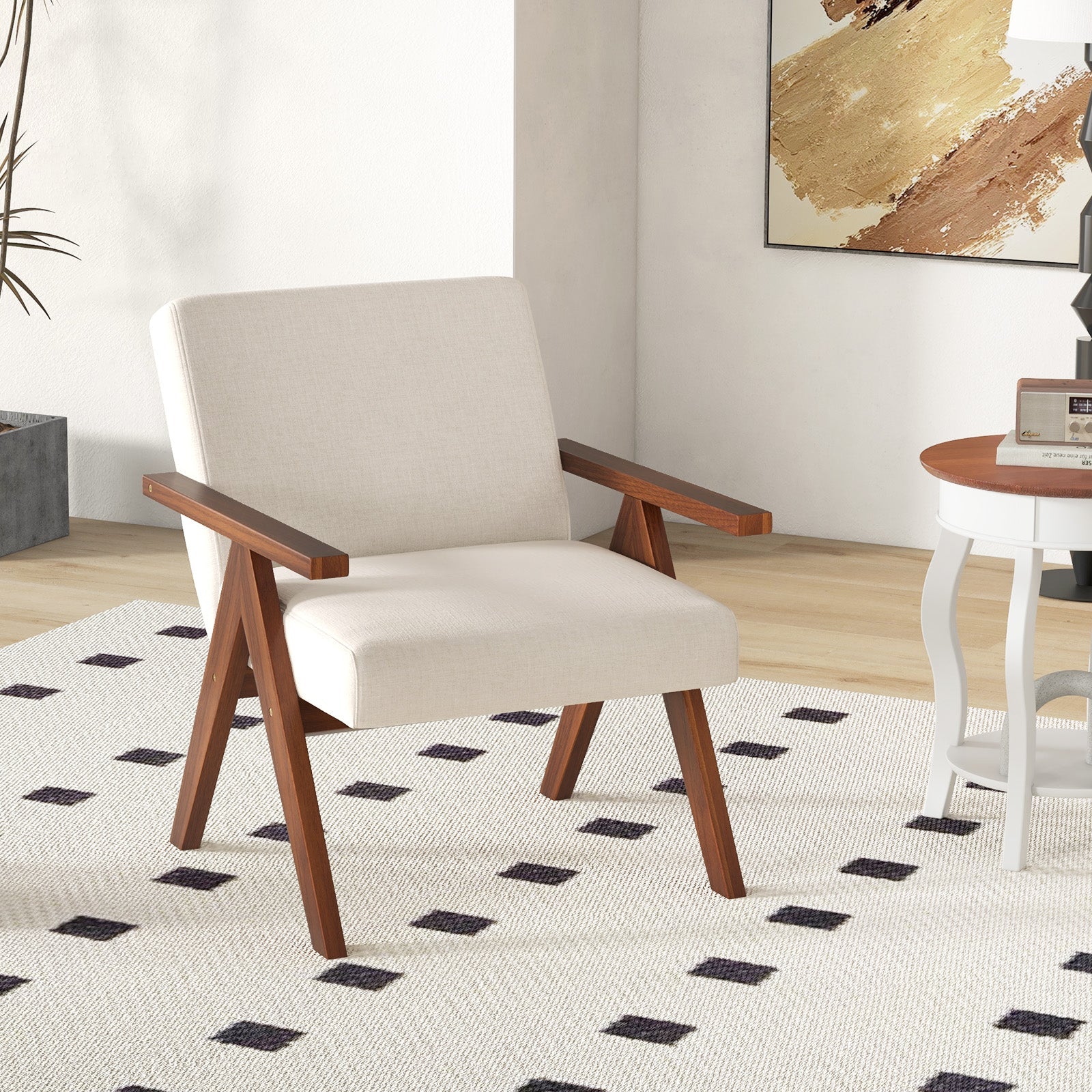 Modern Accent Chair Linen Fabric Armchair with Solid Acacia Wood Frame