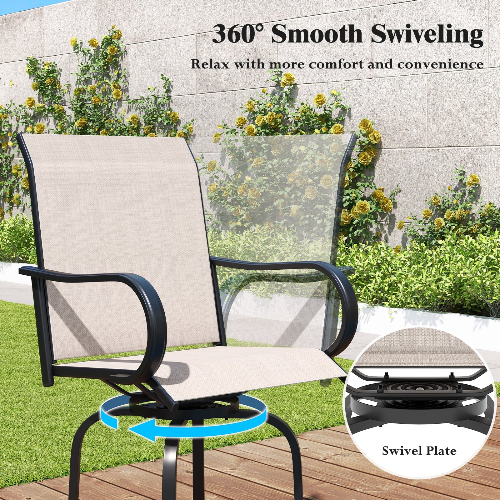 2 Pieces 360 Rotating Bar Stool Set with Armrests for Patio