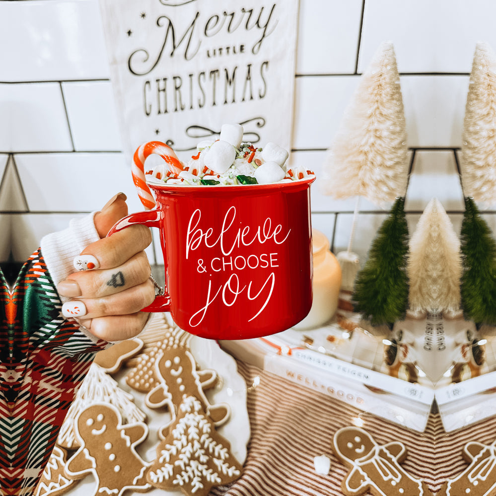 Believe And Joy Ceramic Campfire Mug 14.5oz Red Green Double-Sided White Text