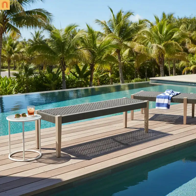Outdoor Bench Eucalyptus Wood Charcoal Rope 71in Modern