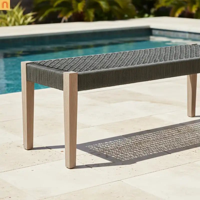 Outdoor Bench Eucalyptus Wood Charcoal Rope 71in Modern