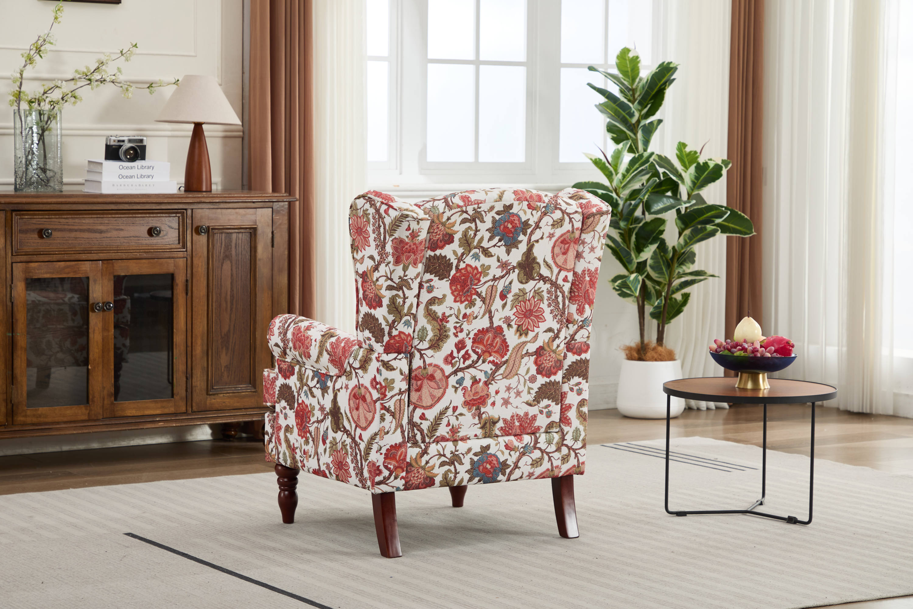 Accent Chair Wingback Linen Floral Red Pine Legs 28x30x38 In