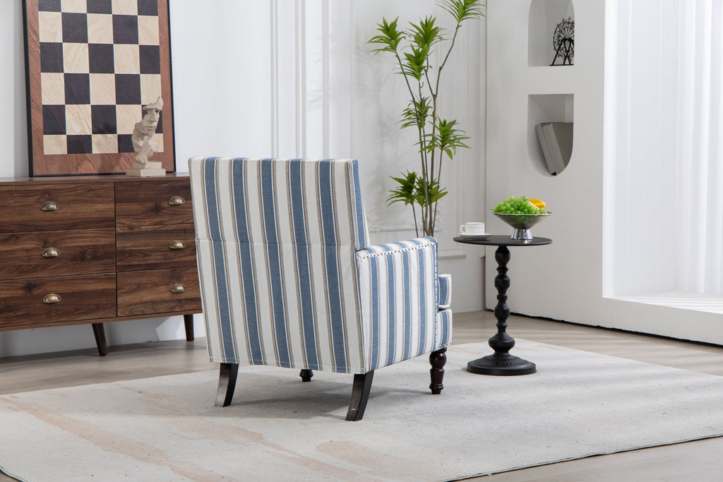 Accent Chair Vintage Striped Linen Blue White Nailhead Solid Wood Legs