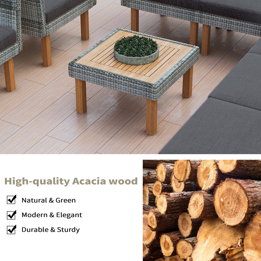 Outdoor Sectional Set PE Rattan Acacia Wood Gray 9 Piece 250 LB